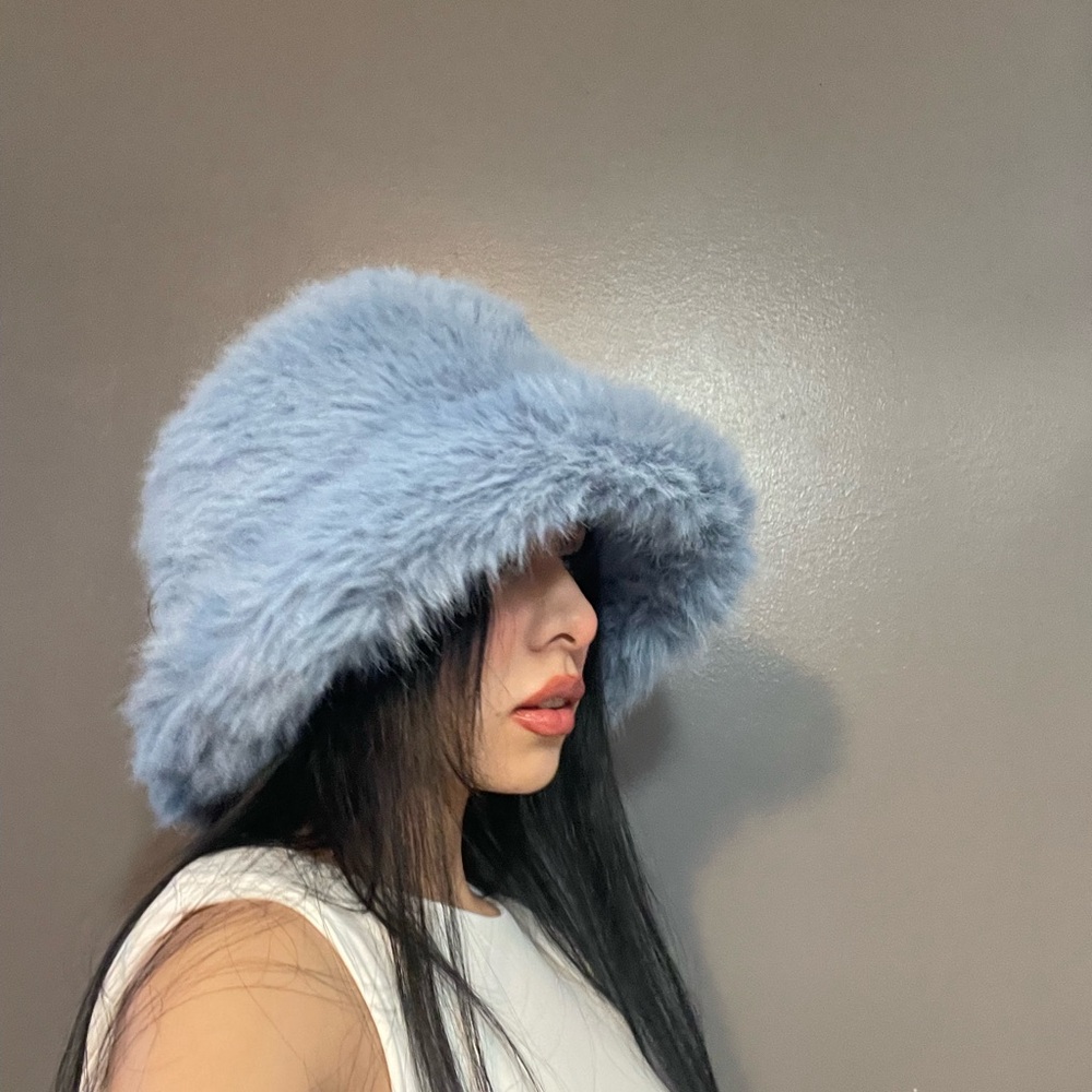 Blue Faux Fur Bucket Hat